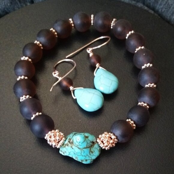 🎁🎁🎁 GIFT WORTHY ~ Beaded Bracelet + Earring Set! Turquoise + Brown + Rosegold - Picture 2 of 8